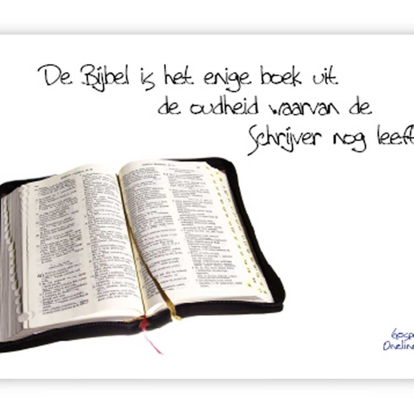prentbriefkaart 'De Bijbel is het enige boek waarvan de auteur nog leeft'
