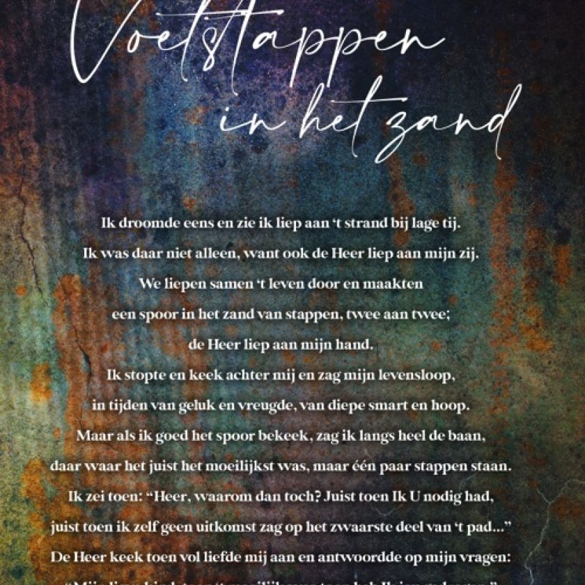 A4 poster met tekst uit het gedicht 'Voetstappen in het zand'
